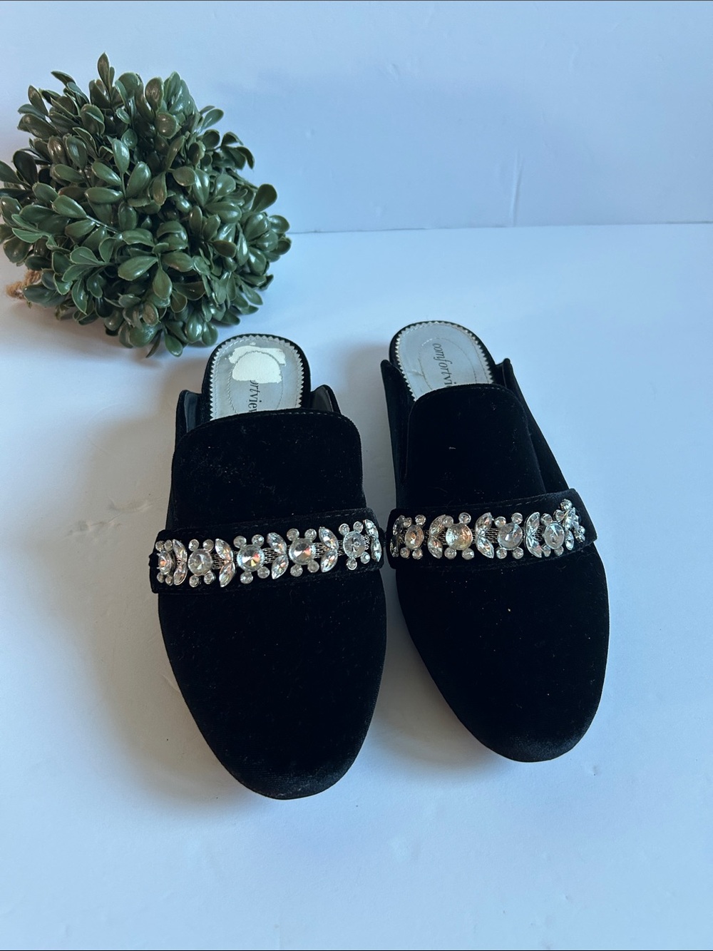 comfortview Black Velvet Slip-On Mules with Crystal Band